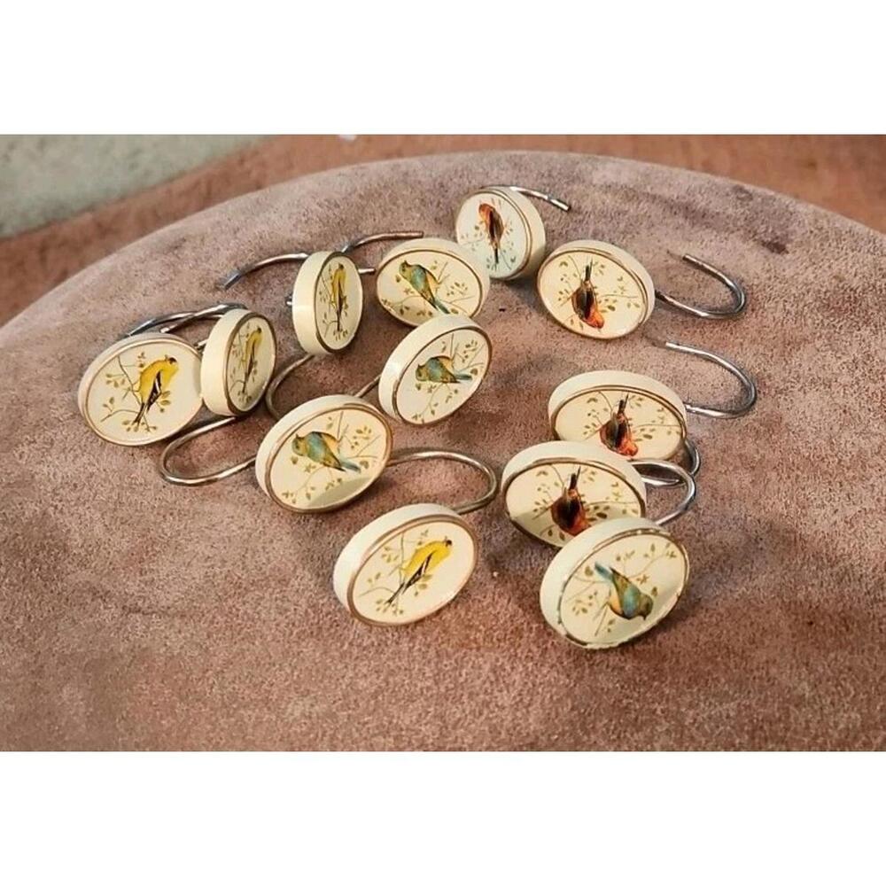 Avanti Gilded Birds Cream Curtain Rings Hooks  Set of 12 Yellow Blue Red Birds